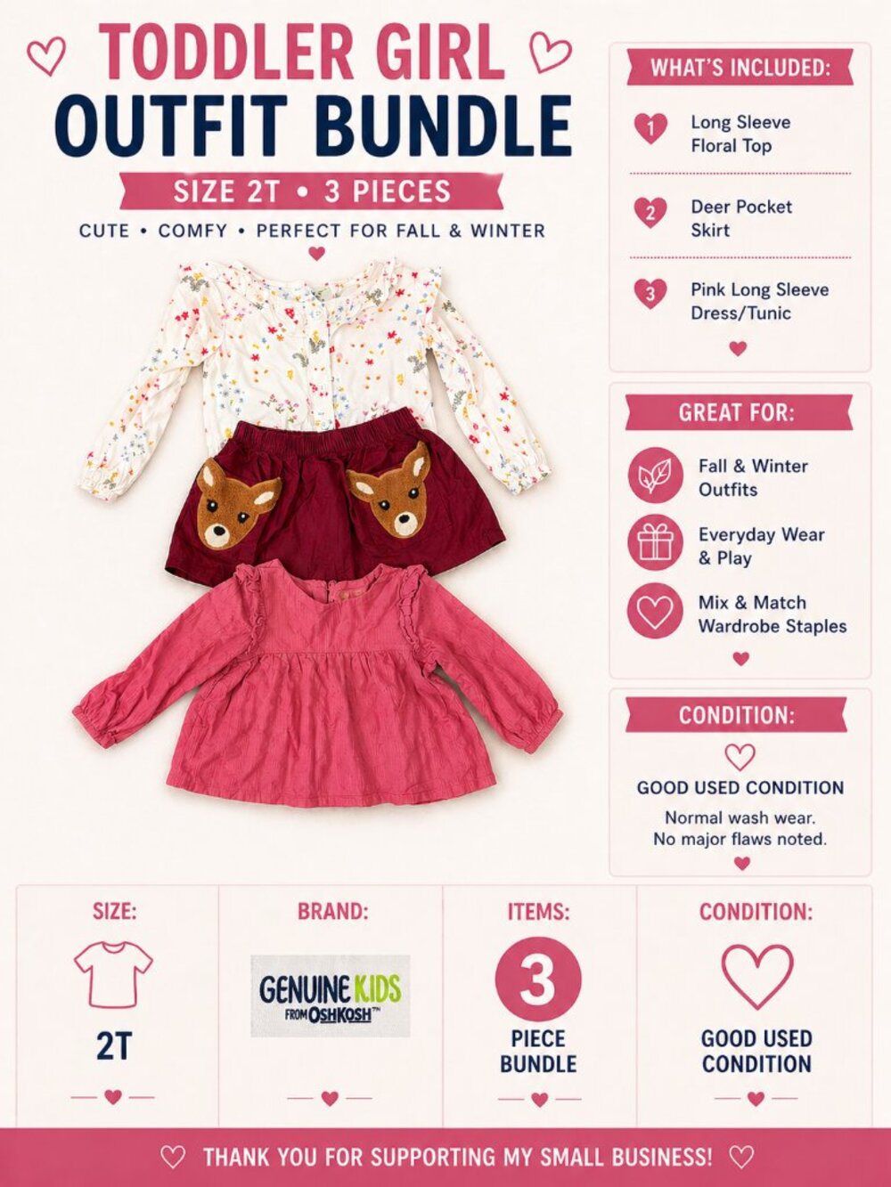 Toddler Girl Outfit Bundle 2T | OshKosh Top + Deer Skirt + Pink Dress | 3 Piece